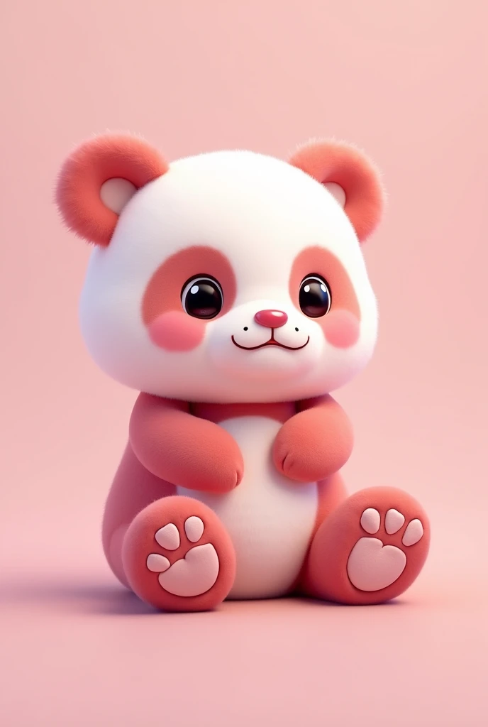 A pink stuffed panda with hearts on its lower paws 