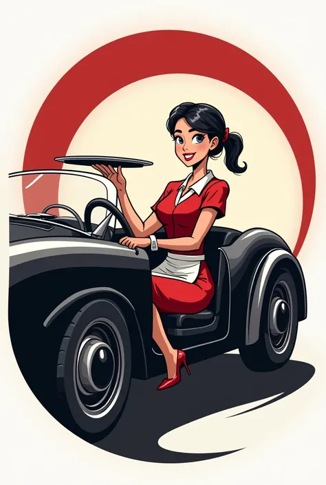 shape of a red waitress sitting in a black car and the waitress holding a tray, for a logo
