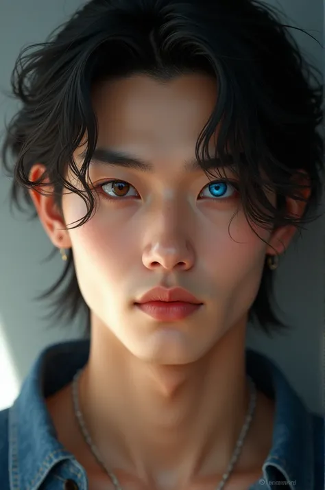 Draw a 29-year-old Chinese man, young and attractive face, with one brown eye and one blue eye, somewhat long and black hair 