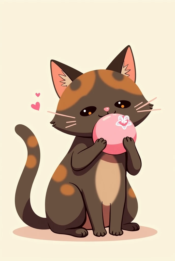 a tortoiseshell cat that has only slight light spots, a cute cartoon model, eating a pink mochi that looks Japanese , bottomless something simple other
