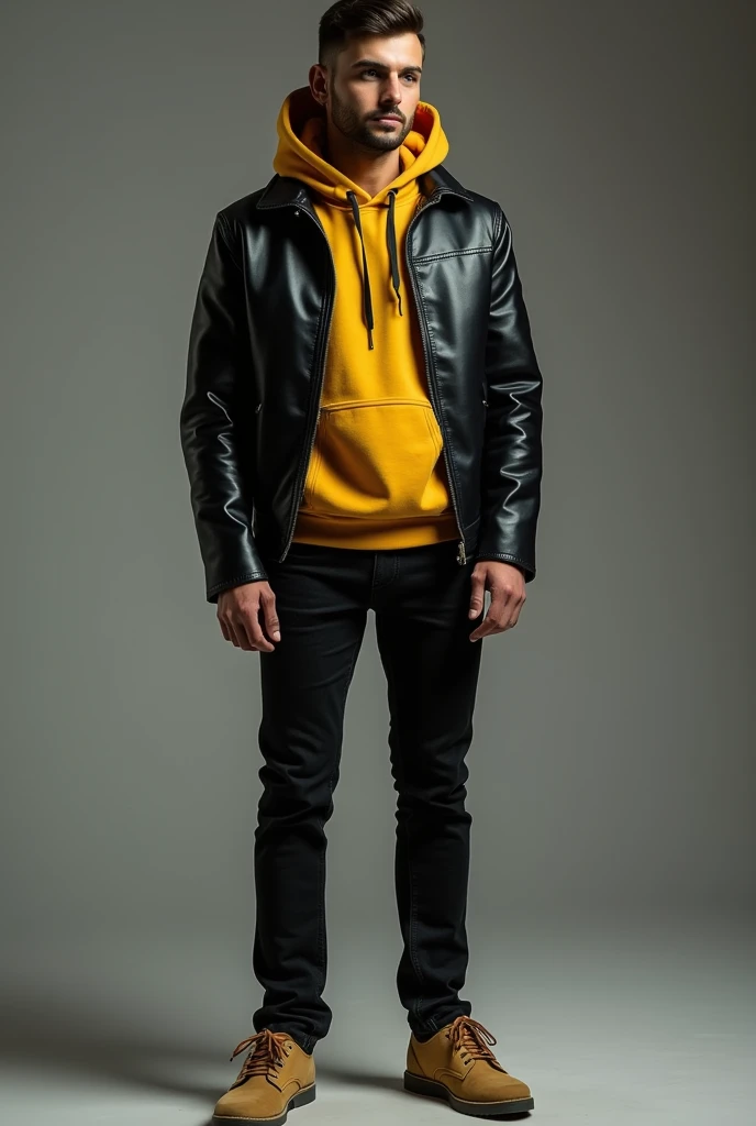 Man in black leather jacket, under gold-colored hooded sweatshirt, black jeans and camel-colored shoes 