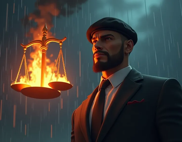 a brown man, with suit, above all, beret with dark, dark face and an aura of power and a scale of justice on fire realistic animation with rain