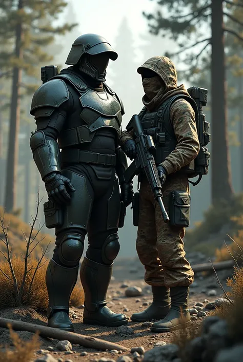 make the image more realistic,make a soldier in armor next to a sniper in camouflage clothing


