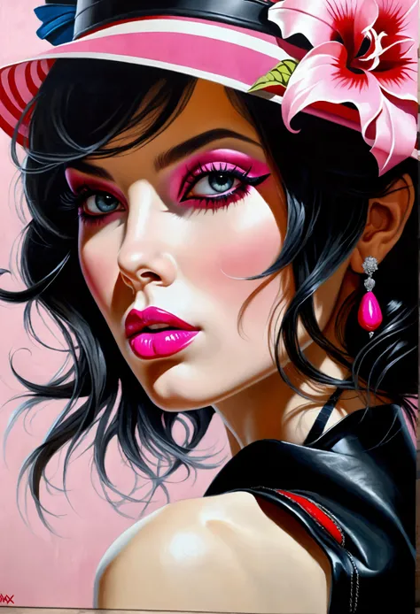 A captivating, vibrant oil painting of a womans face with a striking emphasis on her bold, deep pink lips and nails. Her eyes are partially hidden by a stylish, pink and black striped hat adorned with a delicate flower. Her eyes peek out from the hat, exud...