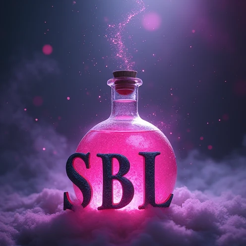 A potion with pink liquid, with universe background with purple and dark blue gradient, with 3 large letters in CAPSLOCK medieval font written SBL under the potion and put some details 