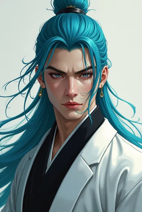 Cyan haired man, Cao Cao, white and black clothing, eyes black