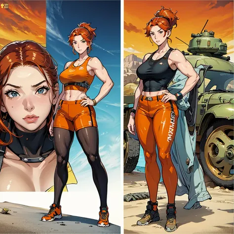 woman, 20-year-old, orange hair, aesthetic body, thick, ((stylish)), mechanic, mechanic clothes, muscular legs, desert camouflag...