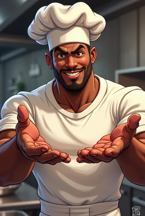 Animated dark-skinned man in chef&#39;s cap showing his hands without beard
