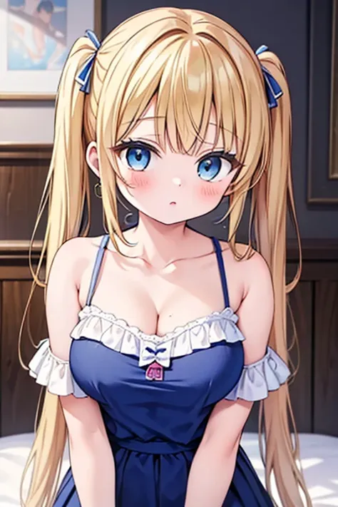 Highest quality,masterpiece,8k,Blonde with blue eyes、camisole、onepiece,micro mini skirt,Cleavage,Side  are visible,Large Breasts、Twin tails、Girl Brat,