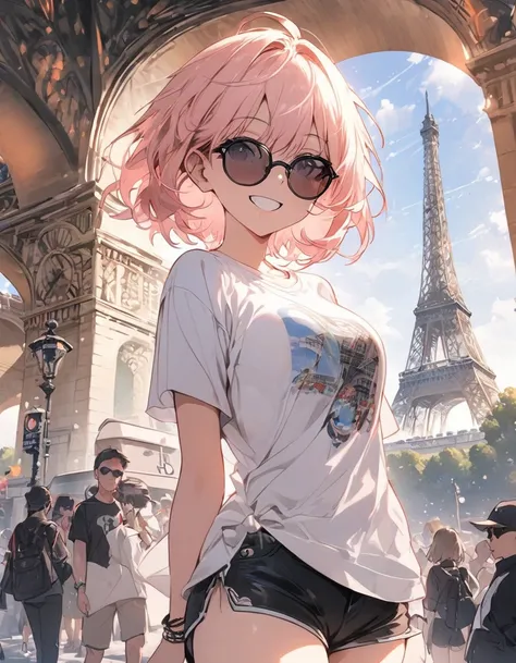 masterpiece、1 girl, short hair,T-shirt and shorts, sunglasses, smile, paris city background, city ​​of paris, daytime, ((eiffel tower)), ((triumphal arch))