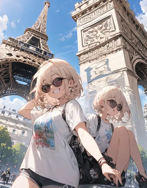 masterpiece、1 girl, short hair,T-shirt and shorts, sunglasses, smile, paris city background, city ​​of paris, daytime, ((eiffel tower)), ((triumphal arch))