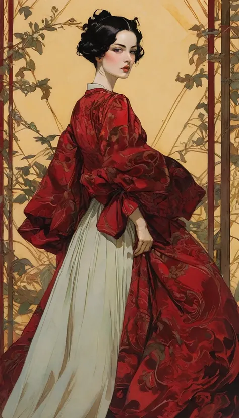 Sexy illustration of an elegant queen using chiaroscuro (((short hair without bangs:1.4、pretty eyes) , high quality ,silk dress, matte paint, John Singer Sargent, Author：Katsuya Terada、 very soft colors, Deep and vivid, Deep red cake, Very detailed, The ar...