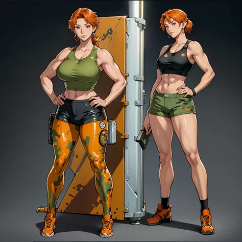 woman, 20-year-old, Orange Hair, Aesthetic body, Thick, ((stylish)), Mechanic, Mechanic clothes, Muscular legs, Desert camouflage, big , Tank top, Shorts, Futuristic, tools, High-tech equipment, toolsベルト, Different angles, (front, return, ~ side), Characte...