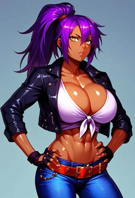 score_5_up,   
1girl, solo, hand on hip, dark-skinned female, slender, athletic, wearing (front-tie_top, black jacket, jeans, belt, fingerless gloves), midriff, navel, large breasts, bursting breasts, purple hair, high ponytail, yellow eyes, shiny skin