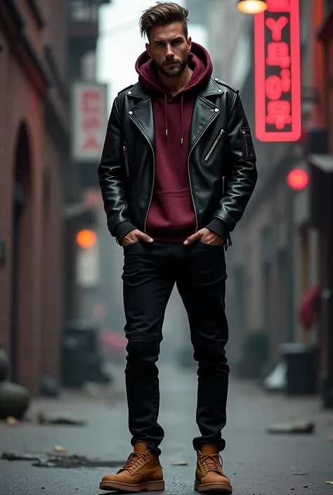 Man in short black leather jacket, under burgundy hooded sweatshirt, black jeans and camel-colored shoes 