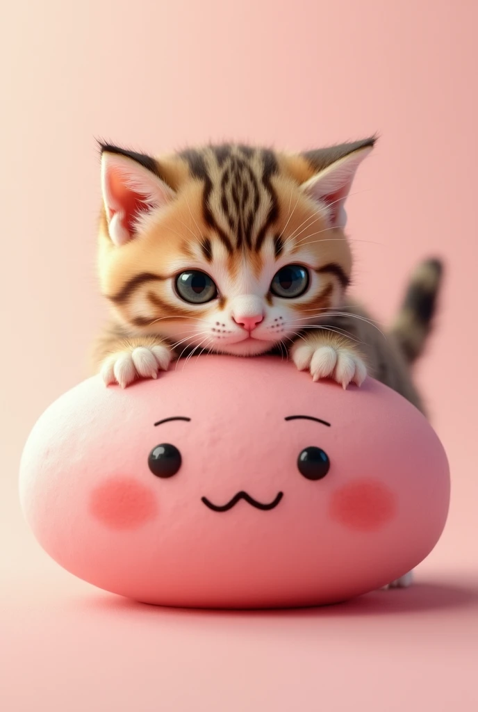 Create an image where you see a traditional pink mochi with a Chinese face and a tortoiseshell kitten next to it hugging the mochi 