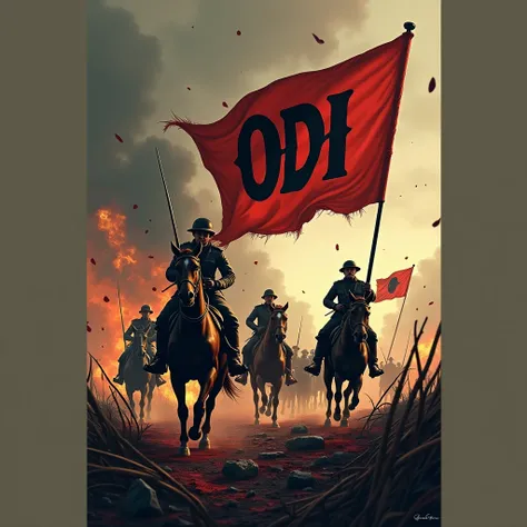 World War I logo with ODI name, with weapons and blood, with soldiers on horseback, and flags of many countries 