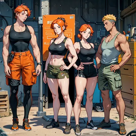 woman, 20-year-old, Orange Hair, Aesthetic body, Thick, ((stylish)), Mechanic, Mechanic clothes, Muscular legs, Desert camouflage, big , Tank top, Shorts, Futuristic, tools, High-tech equipment, toolsベルト, Different angles, (front, return, ~ side), Characte...