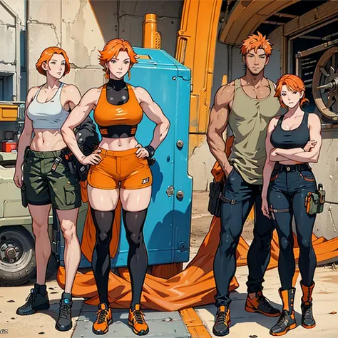 woman, 20-year-old, Orange Hair, Aesthetic body, Thick, ((stylish)), Mechanic, Mechanic clothes, Muscular legs, Desert camouflage, big , Tank top, Shorts, Futuristic, tools, High-tech equipment, toolsベルト, Different angles, (front, return, ~ side), Characte...