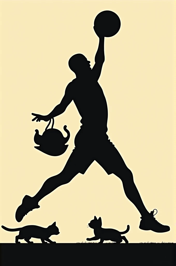 Can you make me a picture with the Jordan logo and instead of the ball put a roasted chicken and at the bottom some kittens trying to take the food away, all in silhouettes?