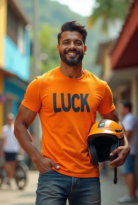 Brazilian man with helmet under arm wearing an orange shirt with the words Luck written on it 