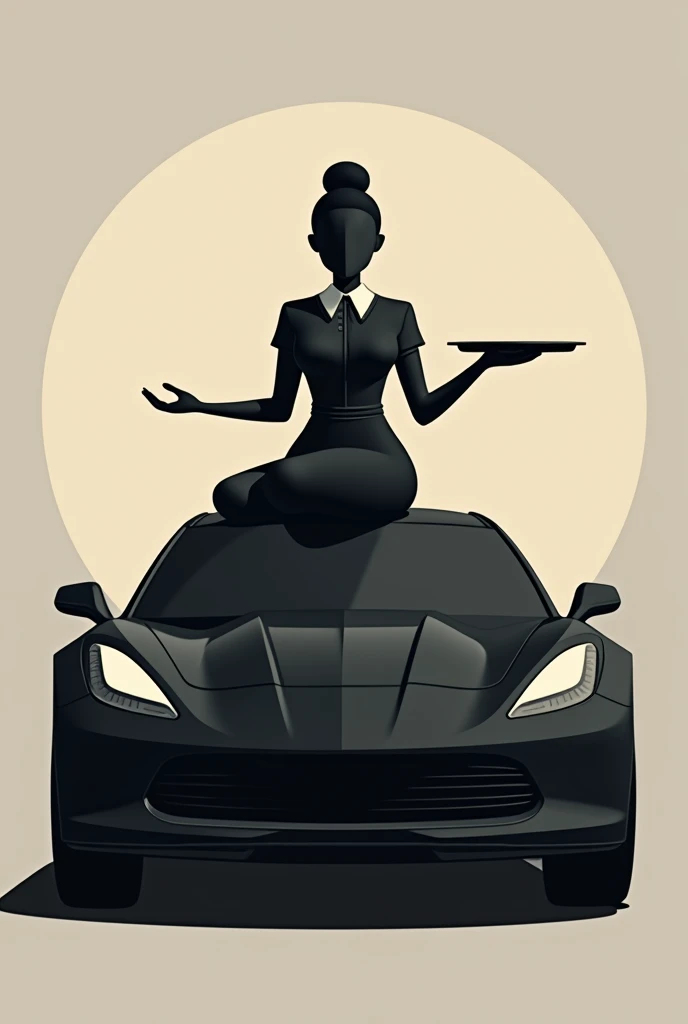 shape of a faceless waitress sitting on top of a black car and the waitress holding a tray, for a logo 

