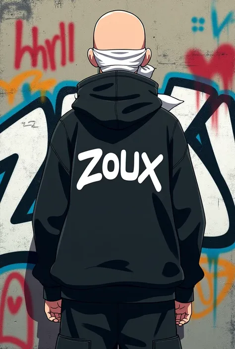 Make a 14-year-old bald person with a white scarf on his head and black clothes dressed in a hip-hop style, who is standing with his back graffitied with the word "Zoux" on a wall and on the childs back says "hhrll" in white letters. anime style