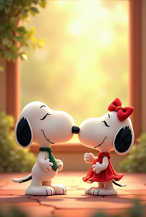 Snoopy with a tie having a date with another snoopy with a dress. Make it cute