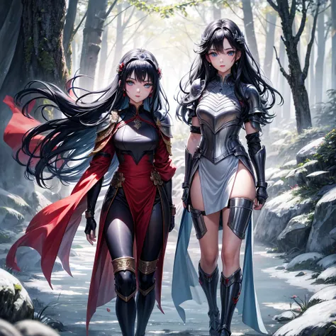 アニメ , an 18 year old princess, pretty, {face perfect}, {Bblack hair}, {blue colored eyes}, {asymmetrical eyes}, {perfect nose}, {red lips}, {full body 5.0}, {{{wearing silver red armor, detailed}}}, {walking, in a forest} 

{8k image}, {128k ultra resoluti...