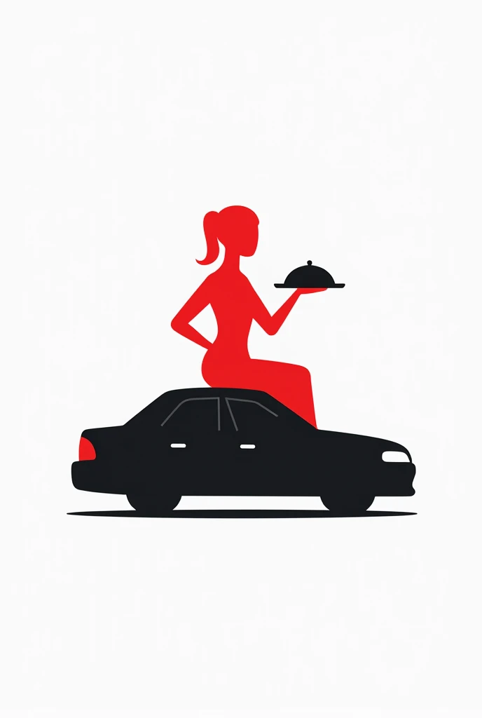 red faceless waitress shape sitting on top of a black car and the waitress holding a tray, for a logo 

