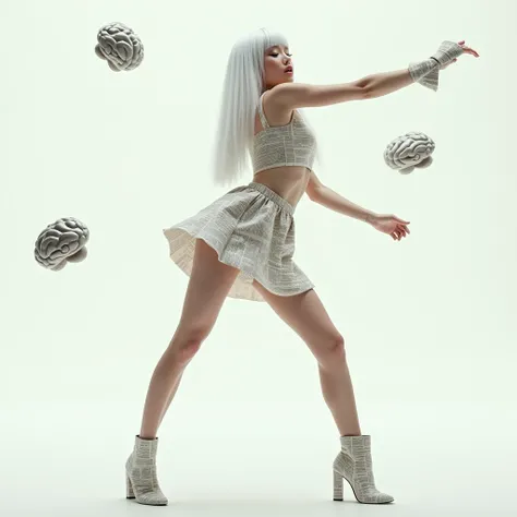 A woman with long straight white hair with bangs,she will wear a paper crop top made from newspaper,a mini paper skirt made from newspaper and a boot made from newspaper,she will be doing squatting model poses and the background will be white with little m...