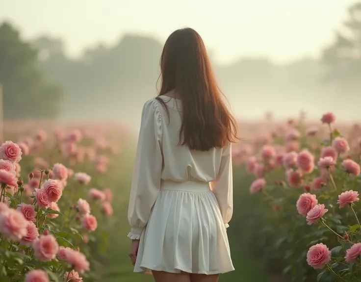 16:9 photograph, taken from a distance that shows the entire body, In a beautiful garden, admiring the roses with a short skirt and blouse, white color, long brown hair, a softened ironic smile - restrained excited happiness, soft lighting on the face, rea...