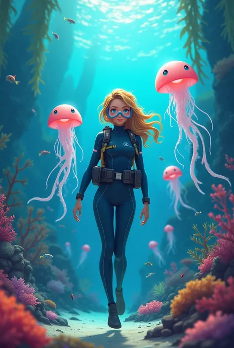 Female teenager at the bottom of the sea hunting jellyfish with SpongeBob and Patrick 