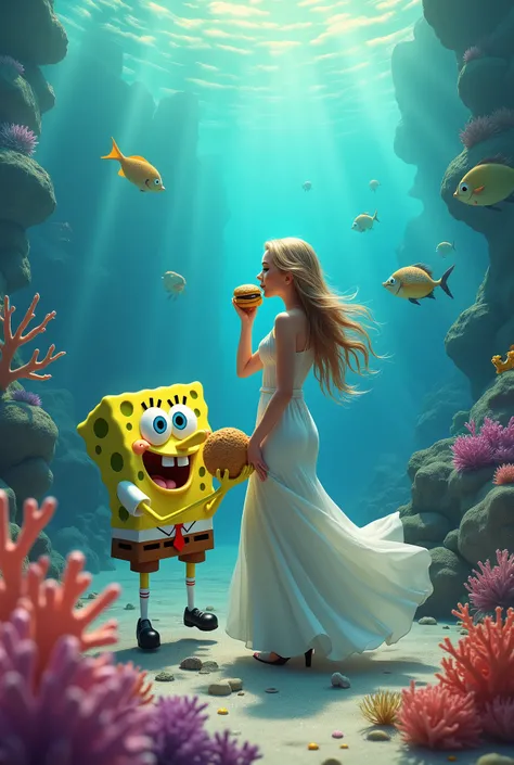 Woman at the bottom of the ocean eating a Krabby Patty with SpongeBob in Bikini Bottom 