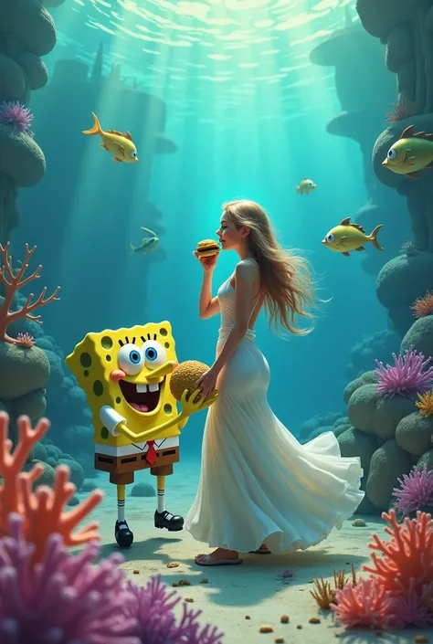 Woman at the bottom of the ocean eating a Krabby Patty with SpongeBob in Bikini Bottom 