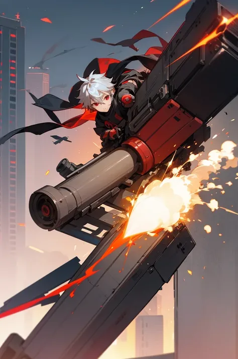 A boy of about  with silver hair and red eyes is blowing up the city. Shota Cyborg. His right arm has been transformed into a cannon.、Red energy is emitted、Its piercing the building, launching missiles from the six-barreled catapults equipped on both shoul...