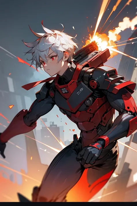 A boy of about  with silver hair and red eyes is blowing up the city. Shota Cyborg. His right arm has been transformed into a cannon.、Red energy is emitted、Its piercing the building, launching missiles from the six-barreled catapults equipped on both shoul...