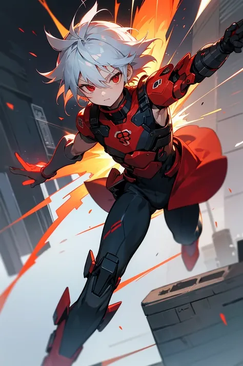 A boy of about  with silver hair and red eyes is blowing up the city. Shota Cyborg. His right arm has been transformed into a cannon.、Red energy is emitted、Its piercing the building, launching missiles from the six-barreled catapults equipped on both shoul...