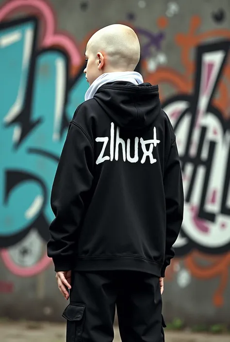 Make a 14-year-old white, bald person with a white scarf on his head and wearing black clothes dressed in a hip-hop style, who is standing with his back graffitied with the word "Zoux" on a wall and on the childs back says in white letters " hhrll" 