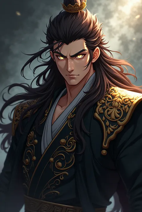 An anime character, Brown man, Cao Cao, big white hair, Golden pupils, white eyelashes, golden eyebrows, dark or black clothes with gold or silver details