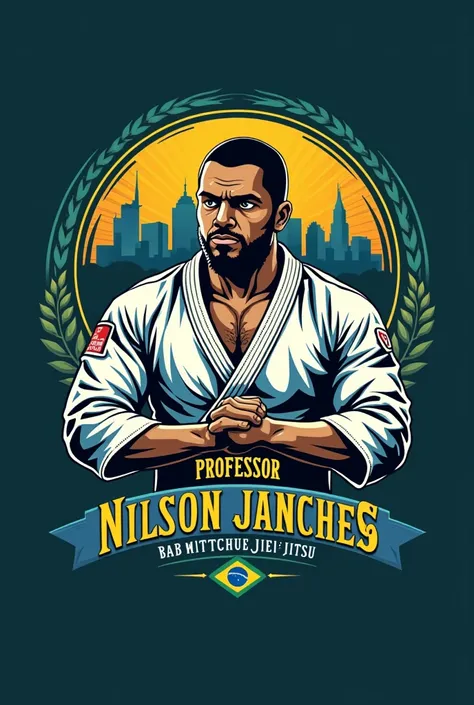 A logo with the names of Professor Nilson Sanches and Brazilian Jiu-jitsu in blue colors, yellow and green