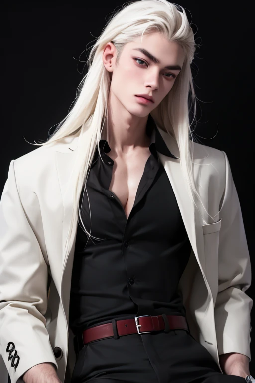 Chico, sensual, model, seated, generates the image of a boy, Long hair, albino, black locks, black tips, rostro model, red eyes, 