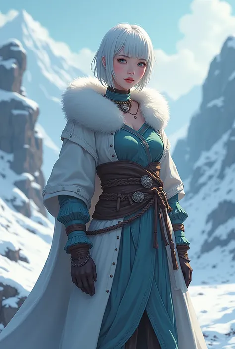 Genderfluid, more feminine, less masculine, indigenous norse clothes with fur, tall, short white hair, female asian face, in cold climate, wide hips, narrow shoulders, digital anime artstyle