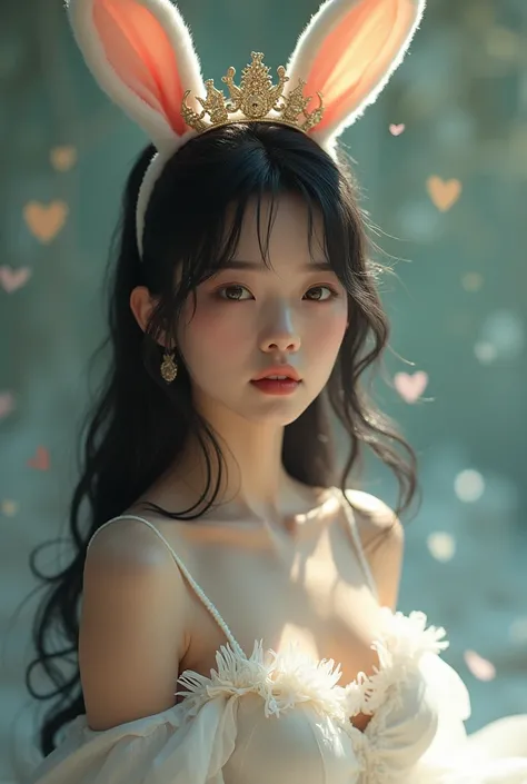 Girl with white bunny ears with queen crown, have black hair without bangs,  beautiful tender face,  model body, Sexy white dress 