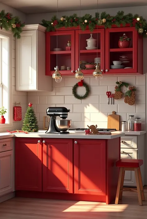 Please create an image of a kitchen decorated for Christmas with white and red colors and some utensils in red or black., in the background there is a cupboard with three doors, a shelf and three more doors underneath, next to this cabinet there is a bench...