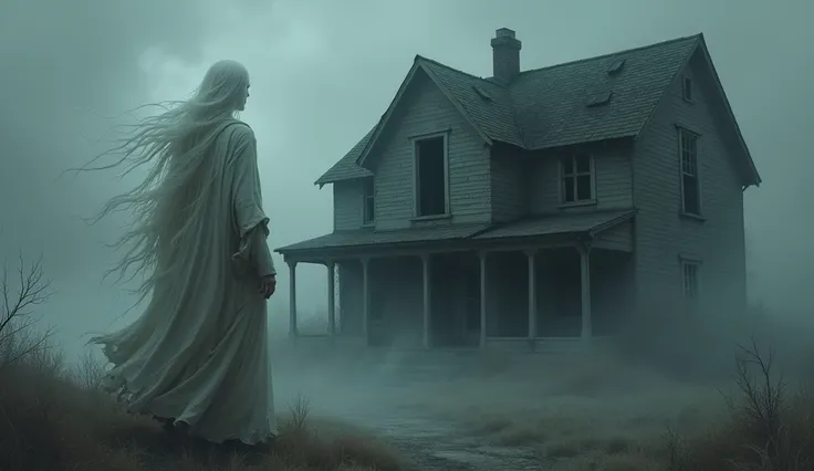 A dark and mysterious illustration of a ghost in front of a foggy abandoned house. The ghost has long white hair and is wearing a tatteredrobe. The ghost is floating above the ground. The house has broken windows and the doors are open. The background is f...