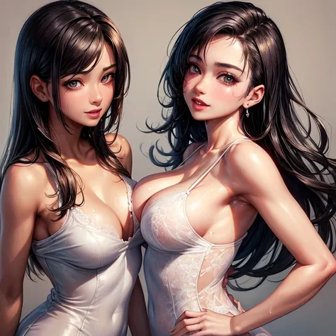 (Highest quality, masterpiece: 1.3), : 1, sexy: 1.5, Tifa Lockhart　(Wet body: 1.2), Nightgown, beautiful, Cleavage, Ultra detailed face, Detailed lips, Detailed eyes, double eyelid, sexy, smile, 　attractive vagina　A penis grows out of the vagina　Having sex...