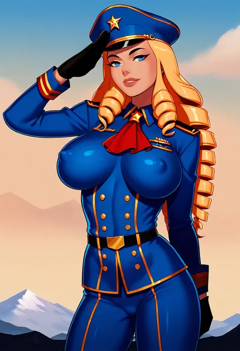 score_5_up, score_6_up, 
 1girl, solo, salute, wearing (uniform, ascot, gloves, cap), long hair, drill hair, large breasts, covered nipples, mountainous_horizon, sky