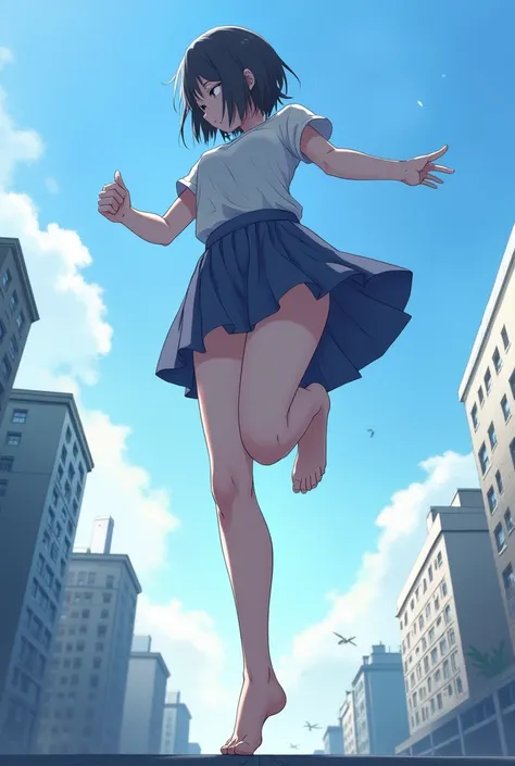 1 girl, oshi no ko, ai hoshino, stepping,(pov from below:1.3), stepped on, pov, low angle, no shoes, feet, looking down, toes, one foot out of frame, leg lift, foot focus, barefoot, standing on one leg, depth of field, outdoors,( foreshortening:1.2), build...