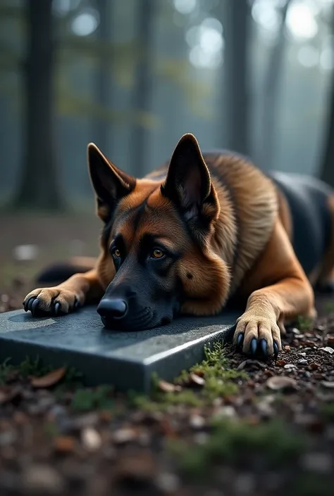 German Shepherd Dog,  thrown on top of grave, with a sad face 